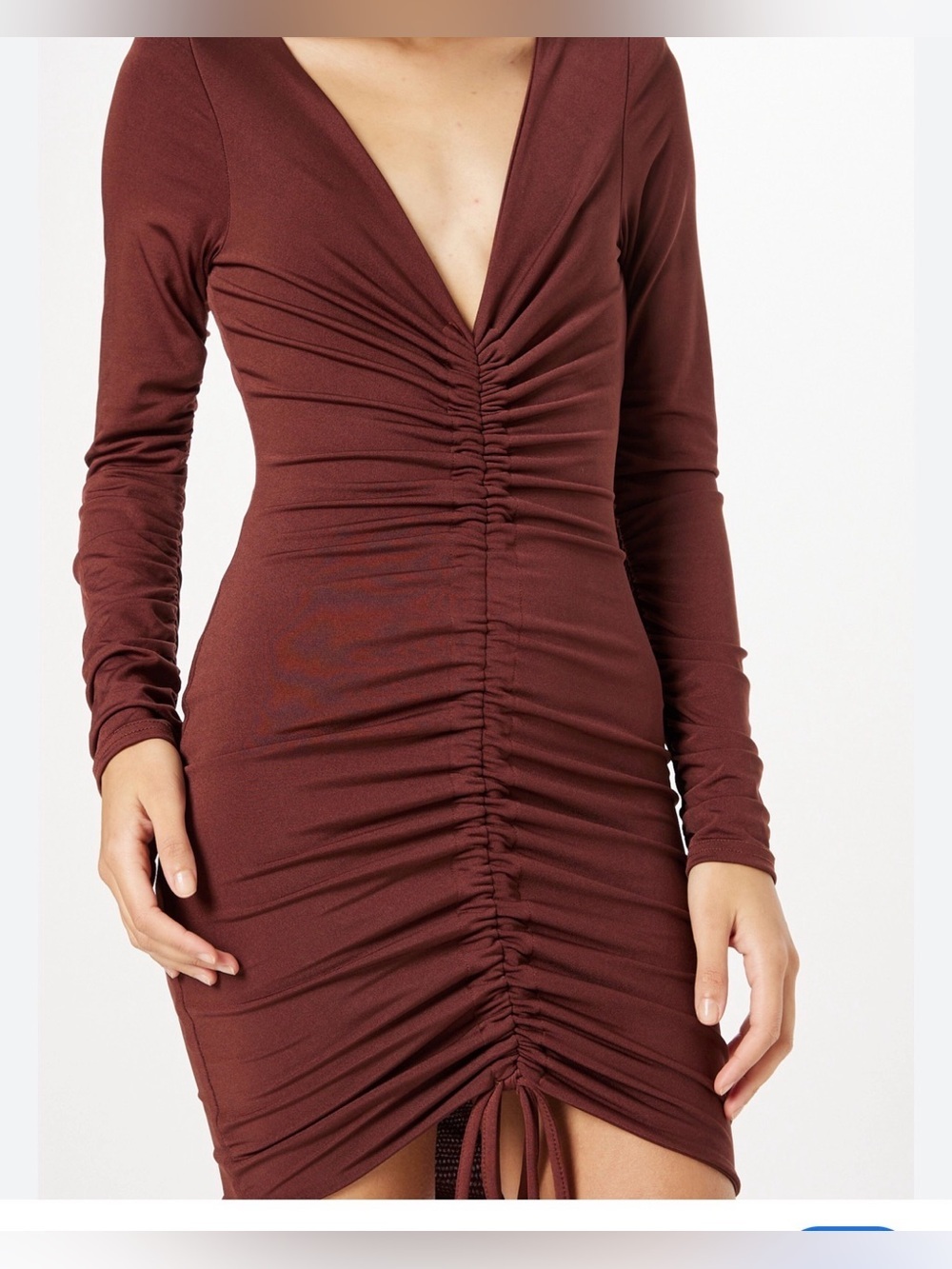 Boohoo Chocolate Brown Ruched Deep V Long Sleeve Bodycon Dress
